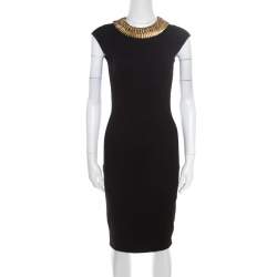 Pre Owned Alexander McQueen Black Stretch Wool Embellished Neck Sleeveless Bodycon Dress XS
