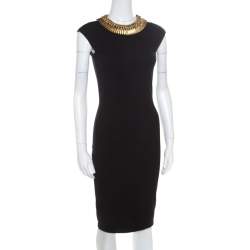Pre Owned Alexander McQueen Black Stretch Wool Embellished Neck Sleeveless Bodycon Dress XS