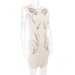 Pre Owned Alexander McQueen Beige Wool Floral Jacquard Lurex Knit Pencil Dress S