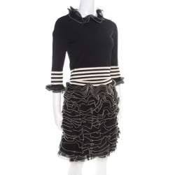 Pre Owned Alexander McQueen Monochrome Knit Ruffle Detail Top and Mini Skirt Set S/M