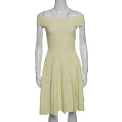 Pre Owned Alexander McQueen Pastel Yellow Perforated Knit Fit and Flare Dress S