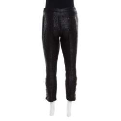 Pre Owned Alexander McQueen Black Rose Patterned Jacquard Wool Crop Pants M