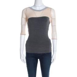 Pre Owned Alexander McQueen Grey Jersey Mesh Insert Cropped T-Shirt M
