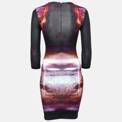Pre Owned Alexander McQueen Black Engineered Lightning Print Stretch Knit Bodycon Dress XS