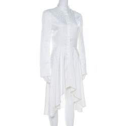 Pre Owned Alexander McQueen Cream Leaf Jacquard Asymmetric Hem Shirt Dress S