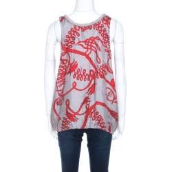 Pre Owned McQ by Alexander McQueen Grey and Red Rope Print and Applique Silk Tank Top M