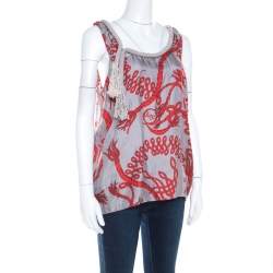Pre Owned McQ by Alexander McQueen Grey and Red Rope Print and Applique Silk Tank Top M