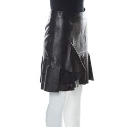 Pre Owned Alexander McQueen Black Leather Asymmetric Ruffle Short Skirt S