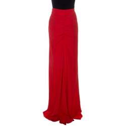 Pre Owned Alexander McQueen Coral Red Crepe Ruched Detail  Maxi Skirt L