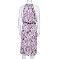 Pre Owned Alexander McQueen Lavender Marble Printed Ruched Halter Neck Dress S