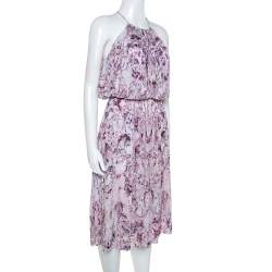 Pre Owned Alexander McQueen Lavender Marble Printed Ruched Halter Neck Dress S