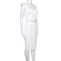 Pre Owned Alexander McQueen White Cotton Pleated Neck Detail Belted Dress S