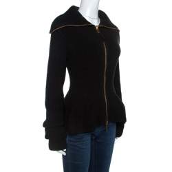 Pre Owned Alexander McQueen Black Wool Sculpt Rib Knit Peplum Cardigan S