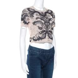 Pre Owned Alexander McQueen Bicolor Spine Lace Jacquard Knit Crop Top S