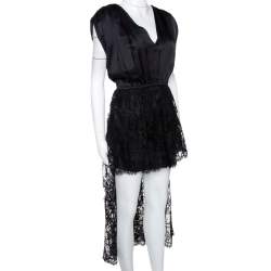Pre Owned Alexander McQueen Black Silk Lace Trim Asymmetrical Top M