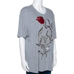 Pre Owned Alexander McQueen Grey Cotton Floral Sequin Embellished T Shirt M
