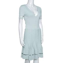 Pre Owned Alexander McQueen Egg Blue Knit Flute Sleeve Mini Dress M