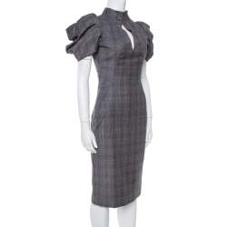 Pre Owned Alexander McQueen Grey Checked Wool Pleated Sleeve Dress S