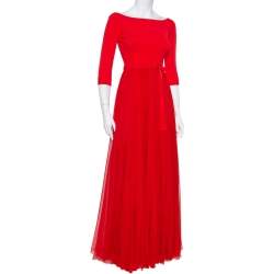 Pre Owned Alexander McQueen Red Silk & Knit Flared Off Shoulder Maxi Dress M