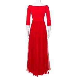 Pre Owned Alexander McQueen Red Silk & Knit Flared Off Shoulder Maxi Dress M
