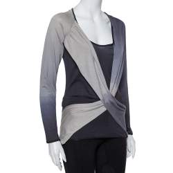 Pre Owned Alexander McQueen Grey Cotton & Silk Knit Draped Detail T-Shirt L