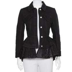Pre Owned Alexander McQueen Black Denim & Embroidered Lace Peplum Jacket S