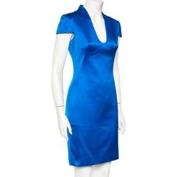Pre Owned Alexander McQueen Blue Silk Satin Pencil Dress S