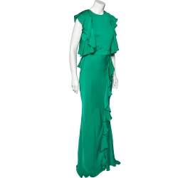 Alexander McQueen Green Crepe Ruffled Sleeveless Gown S