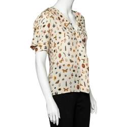 Pre Owned Alexander McQueen Beige Obsession Printed Silk Ruffled Top S