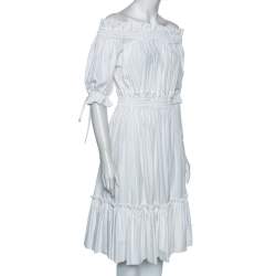 Pre Owned Alexander McQueen White Cotton Ruched Tiered Off Shoulder Midi Dress M