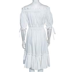 Pre Owned Alexander McQueen White Cotton Ruched Tiered Off Shoulder Midi Dress M