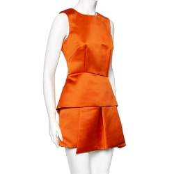Pre Owned Alexander McQueen Orange Sateen Pleated Hem Detailed Short Dress S