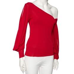 Pre Owned توب أليكساندر ماكوين تريكو أحمر مزين رقبة غير متماثلة مقاس متوسط (ميديوم)