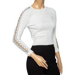 Pre Owned Alexander McQueen White Eyelet Knit Long Sleeve Sweater XS