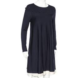مملوكة مسبقًا Alexander McQueen Navy Blue Wool Ruffle Hem Mini Dress L