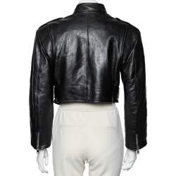 Pre Owned Alexander McQueen Black Leather Belted Zip Front Cropped Jacket L