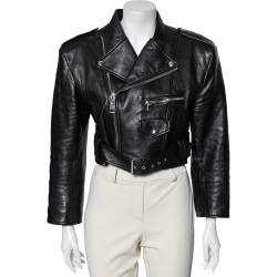 Pre Owned Alexander McQueen Black Leather Belted Zip Front Cropped Jacket L