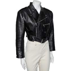 Pre Owned Alexander McQueen Black Leather Belted Zip Front Cropped Jacket L