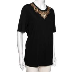 Pre Owned Alexander McQueen Black Gold Glory Embellished Cotton Top M
