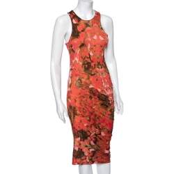 Pre Owned McQ by Alexander McQueen Orange Printed Lyocell Knit Racerback Ruched Dress M