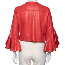 مملوكة مسبقًا Alexander McQueen Red Leather Ruffled Sleeve Zip Front Jacket M