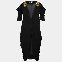 Pre Owned Alexander McQueen Black Jersey Embellished Detailed Draped Dress M