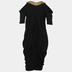 Pre Owned Alexander McQueen Black Jersey Embellished Detailed Draped Dress M