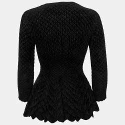 Pre Owned Alexander McQueen Black Patterned Stretch Wool Peplum Top XS