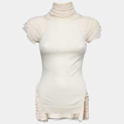 Pre Owned Alexander McQueen Cream Ruffle Detailed Turtle Neck Top S