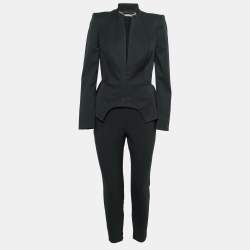 Pre Owned Alexander McQueen Black Wool Asymmetric Hem Peplum Blazer & Pant Suit M