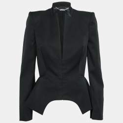 Pre Owned Alexander McQueen Black Wool Asymmetric Hem Peplum Blazer & Pant Suit M