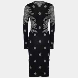 Pre Owned Alexander McQueen Black Wool & Silk Jacquard Fitted Dress M