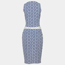 Pre Owned Alexander McQueen Blue Embossed Floral Jacquard Knit Crop Top & Skirt Set L