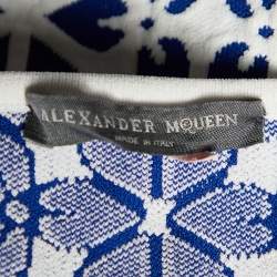 Pre Owned Alexander McQueen Blue Embossed Floral Jacquard Knit Crop Top & Skirt Set L